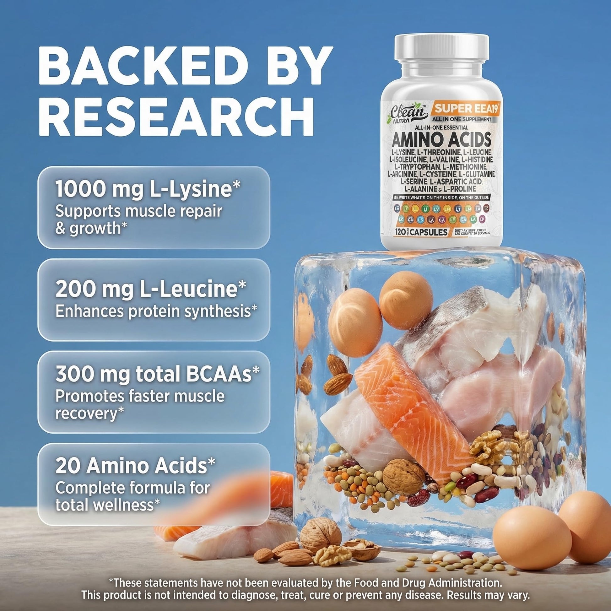Clean Nutraceuticals Amino Acids Supplement L-Lysine, L-Threonine, L-Leucine, Isoleucine, Valine, L-Histidine, L-Tryptophan, L-Methionine, L-Arginine, L-Cysteine, - dailyvitalstore
