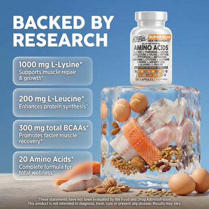 Clean Nutraceuticals Amino Acids Supplement L-Lysine, L-Threonine, L-Leucine, Isoleucine, Valine, L-Histidine, L-Tryptophan, L-Methionine, L-Arginine, L-Cysteine, - dailyvitalstore