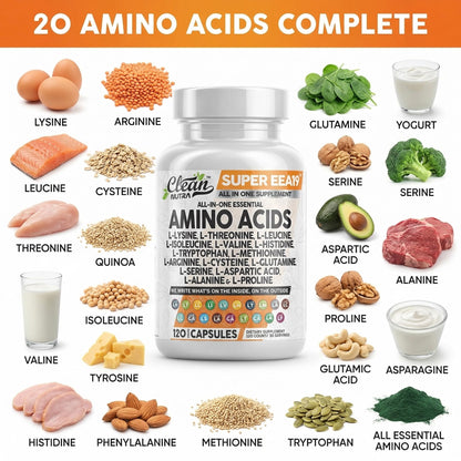 Clean Nutraceuticals Amino Acids Supplement L-Lysine, L-Threonine, L-Leucine, Isoleucine, Valine, L-Histidine, L-Tryptophan, L-Methionine, L-Arginine, L-Cysteine, - dailyvitalstore