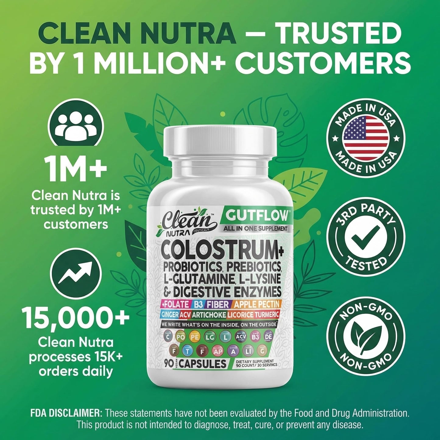 Clean Nutraceuticals Colostrum Supplement Capsules Probiotics Pills Prebiotics, L-Glutamine, Digestive Enzymes, Folate, Fiber, ACV, Turmeric, Apple Pectin and Turmeric Pills - dailyvitalstore