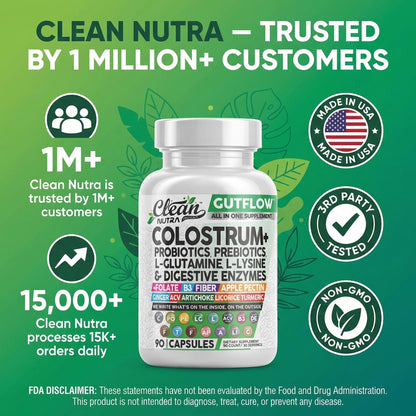 Clean Nutraceuticals Colostrum Supplement Capsules Probiotics Pills Prebiotics, L-Glutamine, Digestive Enzymes, Folate, Fiber, ACV, Turmeric, Apple Pectin and Turmeric Pills - dailyvitalstore