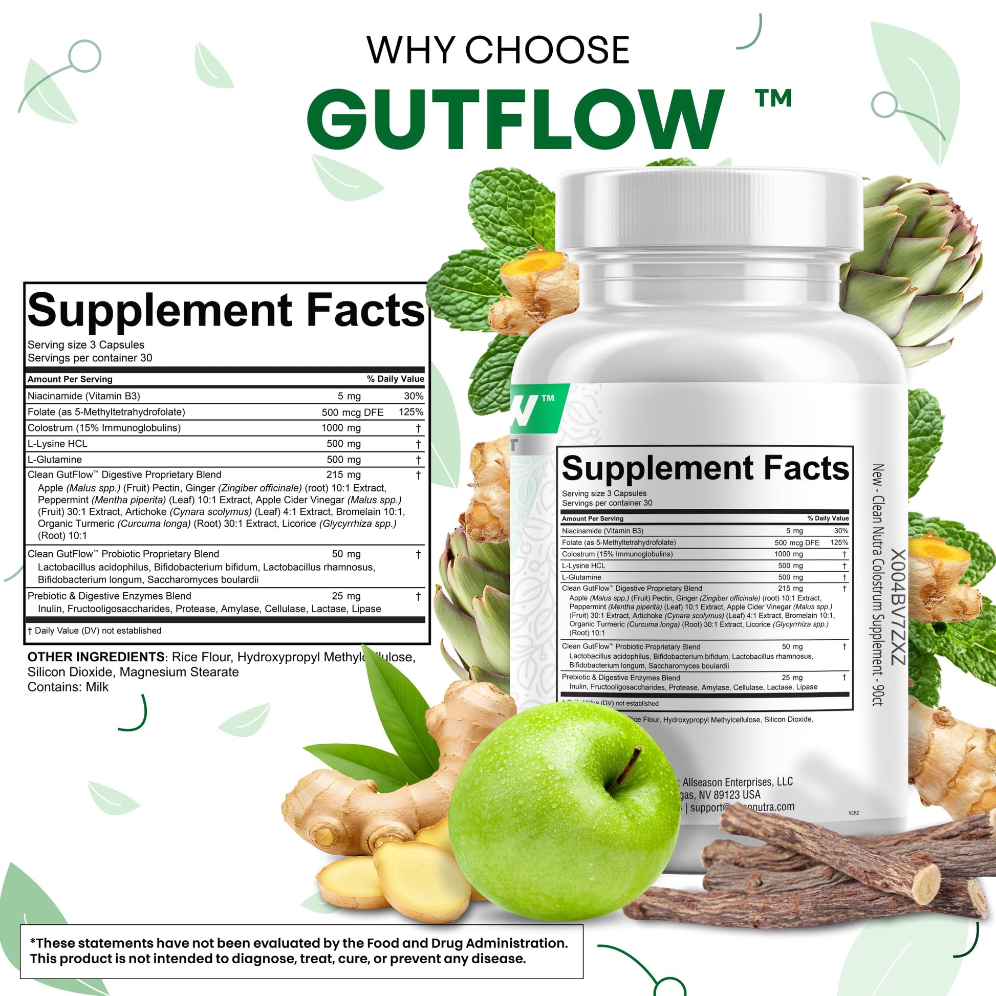 Clean Nutraceuticals Colostrum Supplement Capsules Probiotics Pills Prebiotics, L-Glutamine, Digestive Enzymes, Folate, Fiber, ACV, Turmeric, Apple Pectin and Turmeric Pills - dailyvitalstore