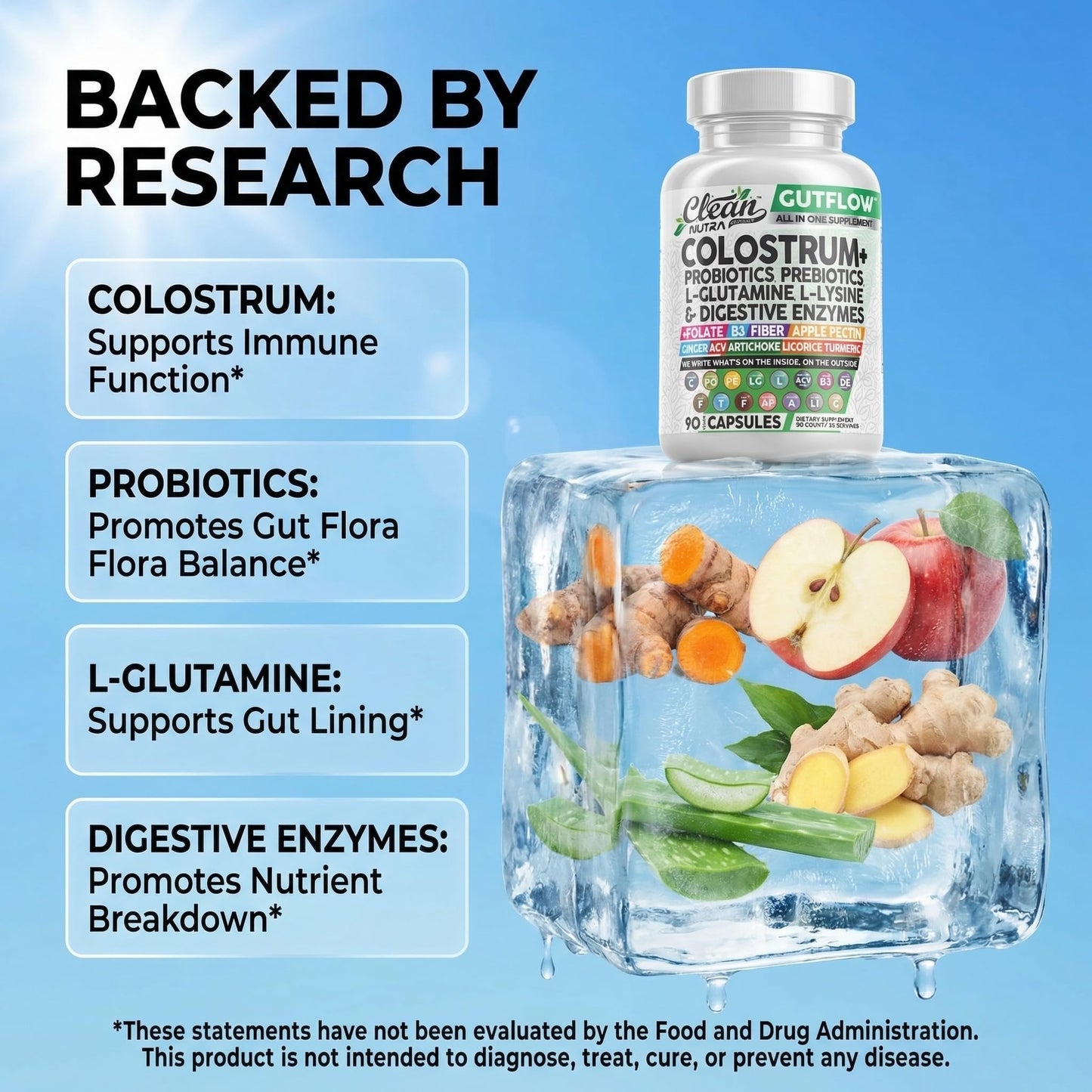 Clean Nutraceuticals Colostrum Supplement Capsules Probiotics Pills Prebiotics, L-Glutamine, Digestive Enzymes, Folate, Fiber, ACV, Turmeric, Apple Pectin and Turmeric Pills - dailyvitalstore