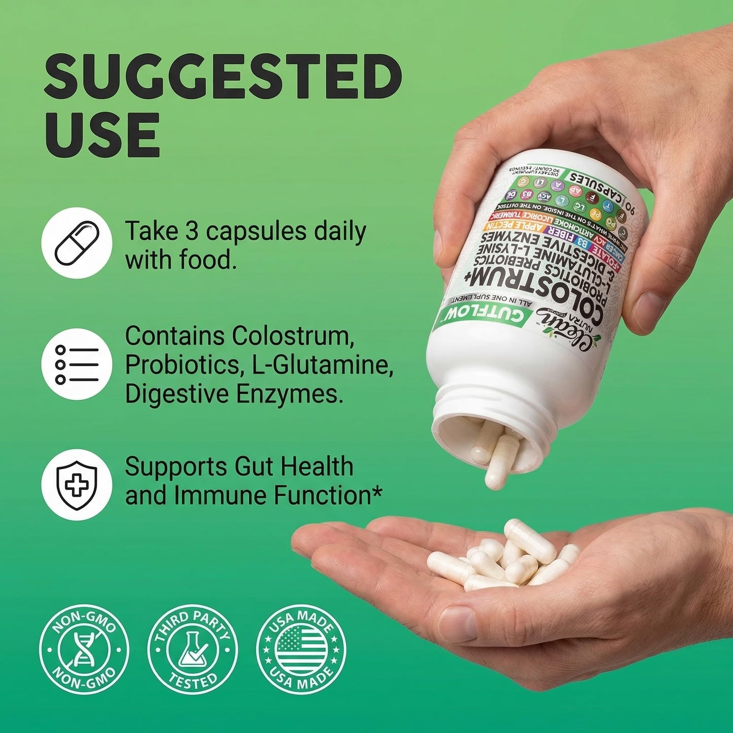 Clean Nutraceuticals Colostrum Supplement Capsules Probiotics Pills Prebiotics, L-Glutamine, Digestive Enzymes, Folate, Fiber, ACV, Turmeric, Apple Pectin and Turmeric Pills - dailyvitalstore