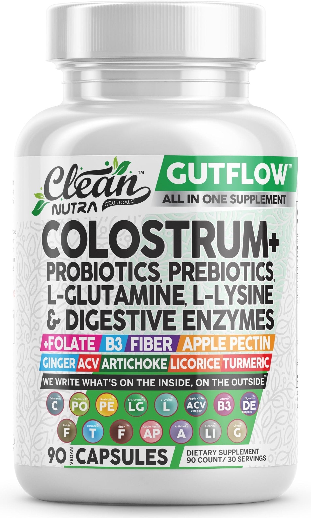 Clean Nutraceuticals Colostrum Supplement Capsules Probiotics Pills Prebiotics, L-Glutamine, Digestive Enzymes, Folate, Fiber, ACV, Turmeric, Apple Pectin and Turmeric Pills - dailyvitalstore