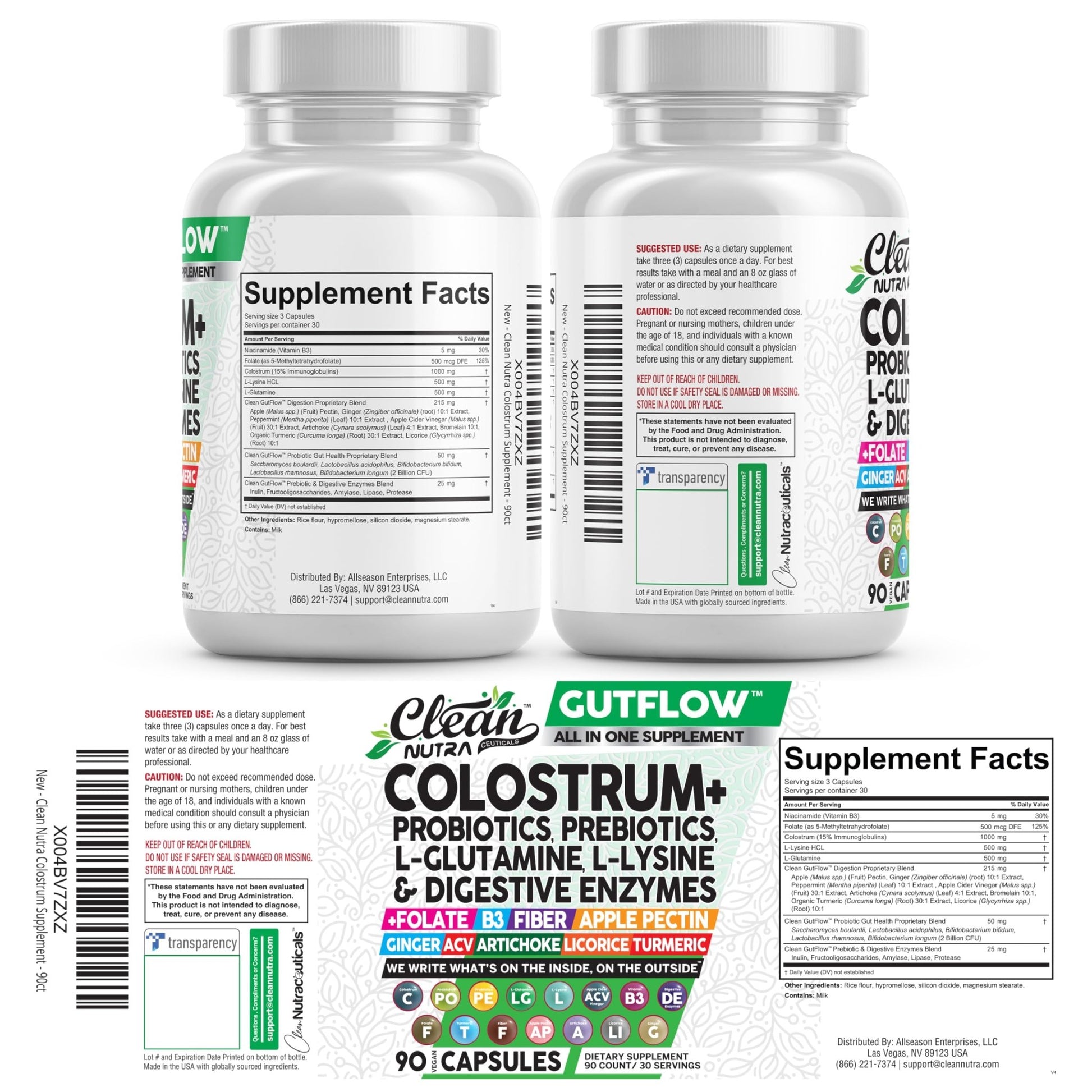 Clean Nutraceuticals Colostrum Supplement Capsules Probiotics Pills Prebiotics, L-Glutamine, Digestive Enzymes, Folate, Fiber, ACV, Turmeric, Apple Pectin and Turmeric Pills - dailyvitalstore