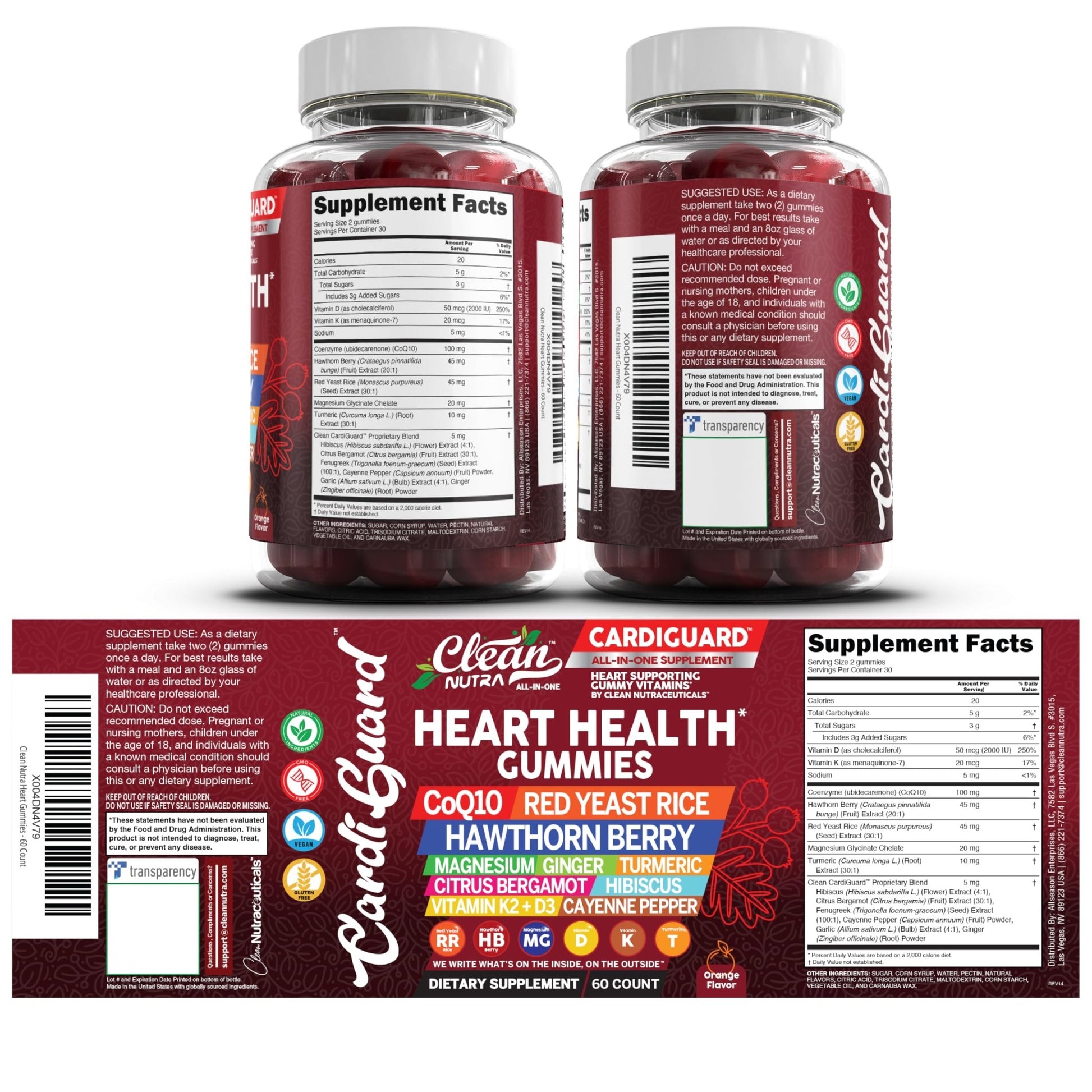 Clean Nutraceuticals Coq10 Gummies | Red Yeast Rice Hawthorn Berry Ginger Turmeric Citrus Bergamot Hibiscus Vitamin K2+D3 Magnesium Glycinate Cayenne Pepper Fenugreek Orange Flavor CardiGuard - dailyvitalstore