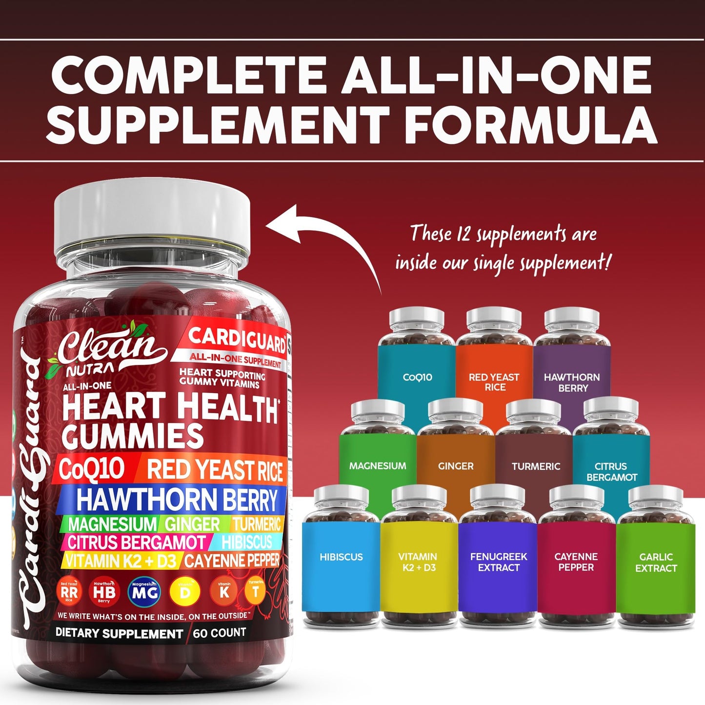 Clean Nutraceuticals Coq10 Gummies | Red Yeast Rice Hawthorn Berry Ginger Turmeric Citrus Bergamot Hibiscus Vitamin K2+D3 Magnesium Glycinate Cayenne Pepper Fenugreek Orange Flavor CardiGuard - dailyvitalstore