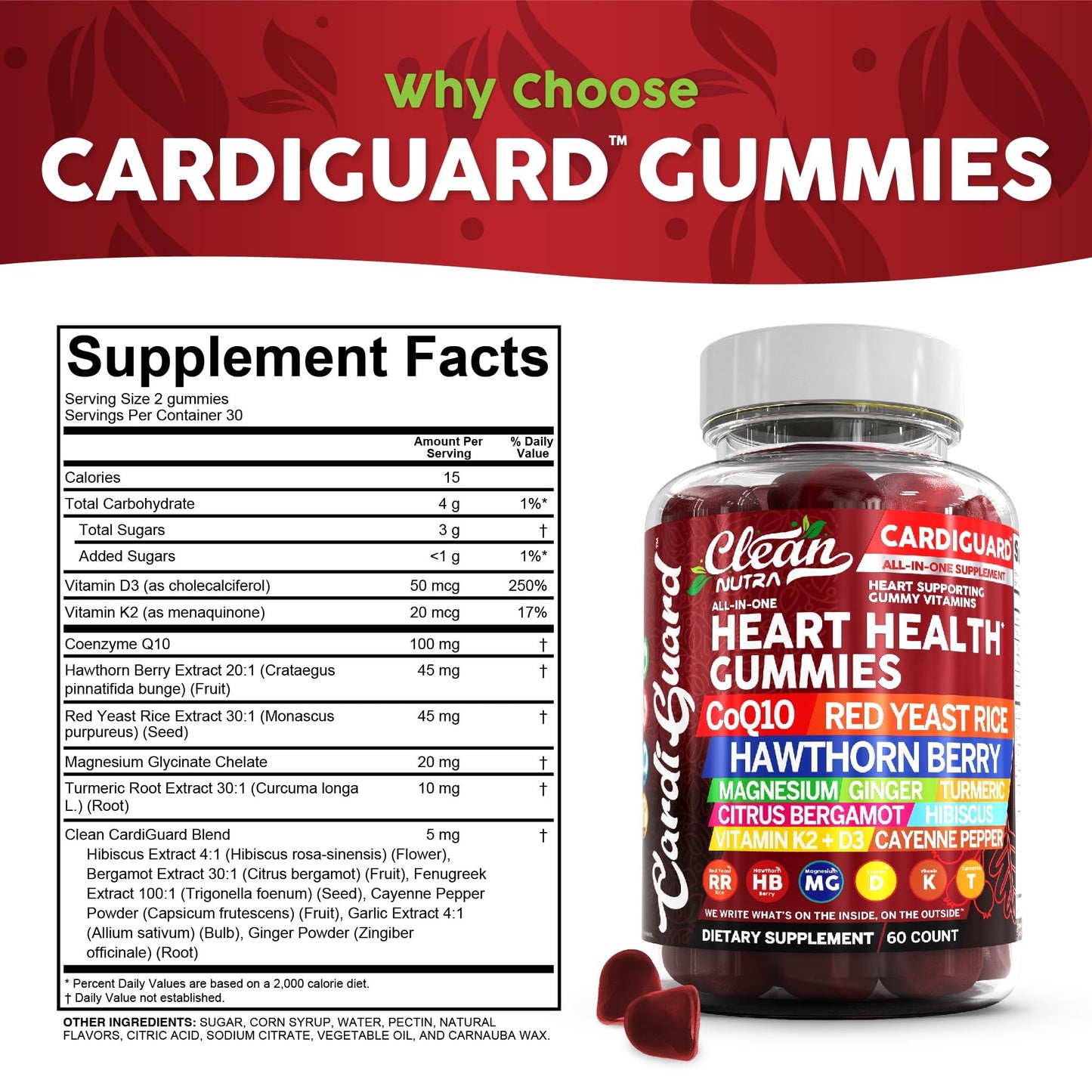 Clean Nutraceuticals Coq10 Gummies | Red Yeast Rice Hawthorn Berry Ginger Turmeric Citrus Bergamot Hibiscus Vitamin K2+D3 Magnesium Glycinate Cayenne Pepper Fenugreek Orange Flavor CardiGuard - dailyvitalstore