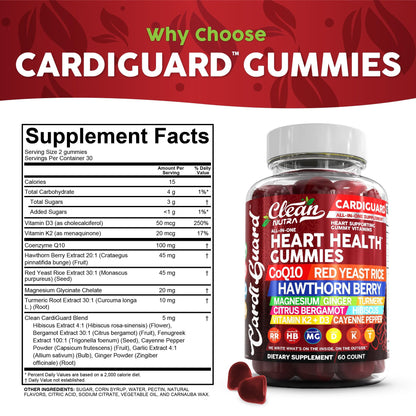 Clean Nutraceuticals Coq10 Gummies | Red Yeast Rice Hawthorn Berry Ginger Turmeric Citrus Bergamot Hibiscus Vitamin K2+D3 Magnesium Glycinate Cayenne Pepper Fenugreek Orange Flavor CardiGuard - dailyvitalstore