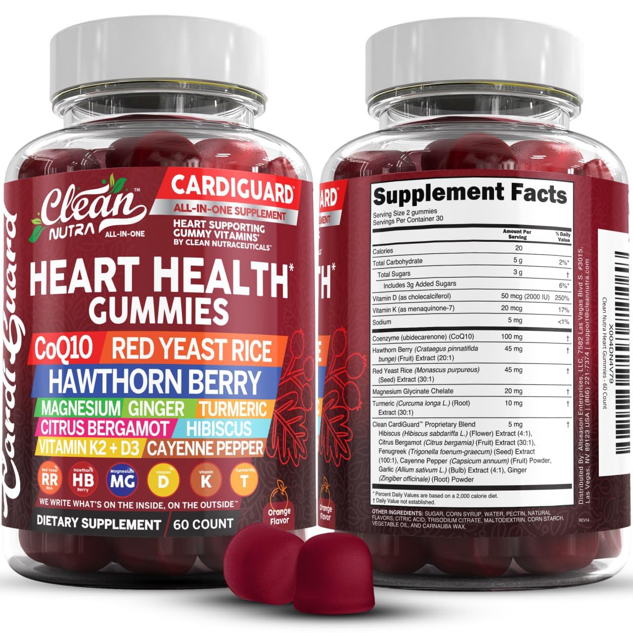 Clean Nutraceuticals Coq10 Gummies | Red Yeast Rice Hawthorn Berry Ginger Turmeric Citrus Bergamot Hibiscus Vitamin K2+D3 Magnesium Glycinate Cayenne Pepper Fenugreek Orange Flavor CardiGuard - dailyvitalstore