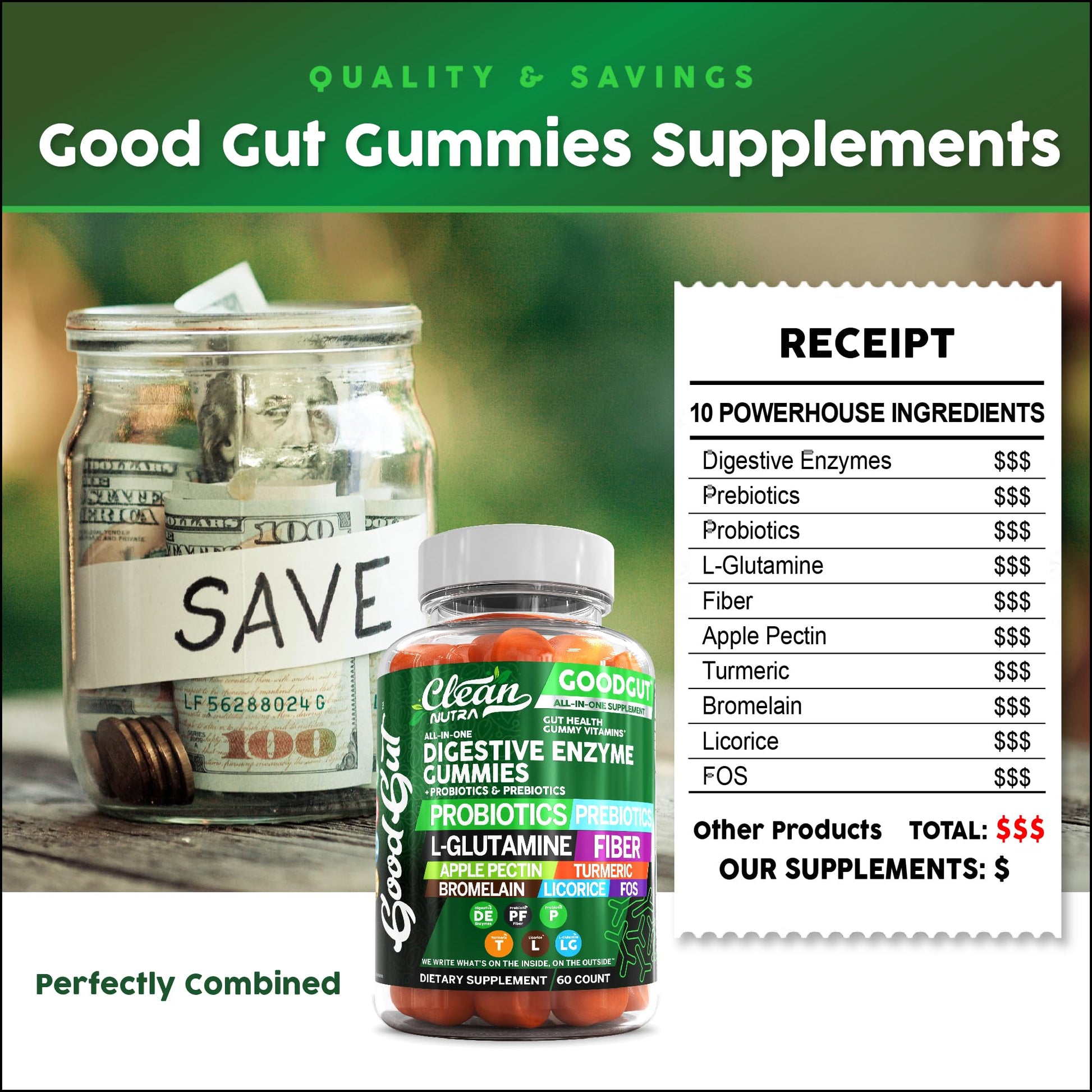 Clean Nutraceuticals Digestive Enzymes with Probiotics & Prebiotics for Digestive Health Gummies & L-Glutamine for Gut Health Bromelain Apple Pectin Inulin FOS Plant - dailyvitalstore