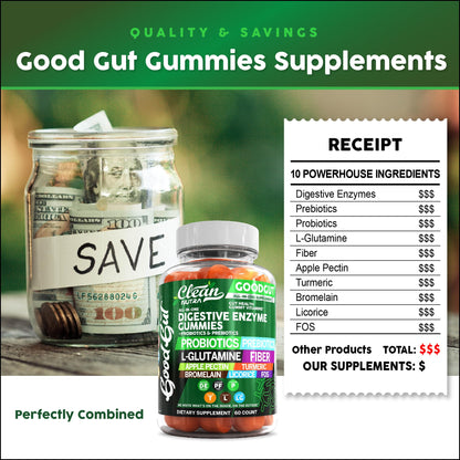 Clean Nutraceuticals Digestive Enzymes with Probiotics & Prebiotics for Digestive Health Gummies & L-Glutamine for Gut Health Bromelain Apple Pectin Inulin FOS Plant - dailyvitalstore