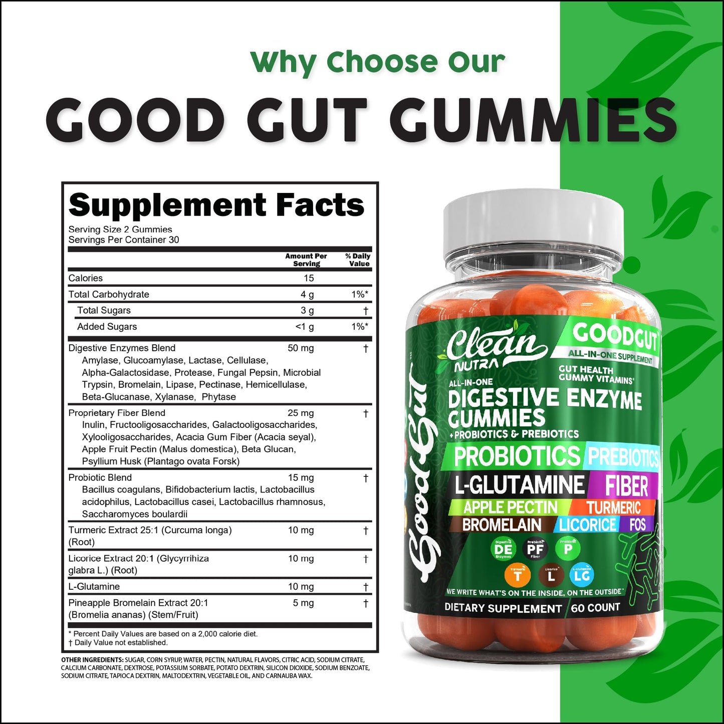 Clean Nutraceuticals Digestive Enzymes with Probiotics & Prebiotics for Digestive Health Gummies & L-Glutamine for Gut Health Bromelain Apple Pectin Inulin FOS Plant - dailyvitalstore