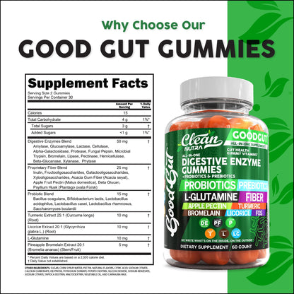 Clean Nutraceuticals Digestive Enzymes with Probiotics & Prebiotics for Digestive Health Gummies & L-Glutamine for Gut Health Bromelain Apple Pectin Inulin FOS Plant - dailyvitalstore