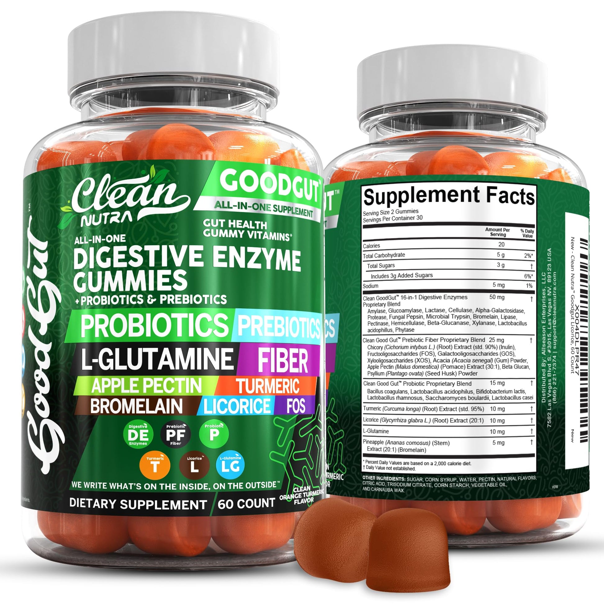 Clean Nutraceuticals Digestive Enzymes with Probiotics & Prebiotics for Digestive Health Gummies & L-Glutamine for Gut Health Bromelain Apple Pectin Inulin FOS Plant - dailyvitalstore