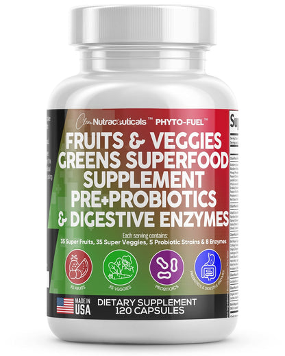 Clean Nutraceuticals Fruits and Veggies Supplement Reds & Green Superfood - Balance of Over 70 Fruit & Vegetable Supplements Capsules with Probiotics Prebiotics - dailyvitalstore