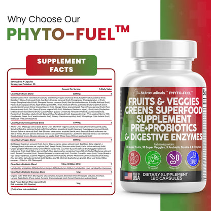 Clean Nutraceuticals Fruits and Veggies Supplement Reds & Green Superfood - Balance of Over 70 Fruit & Vegetable Supplements Capsules with Probiotics Prebiotics - dailyvitalstore