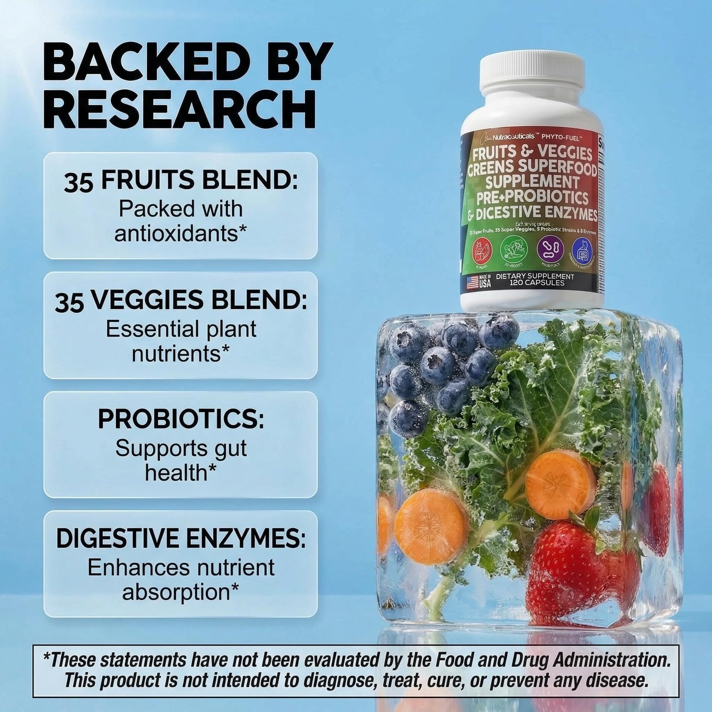 Clean Nutraceuticals Fruits and Veggies Supplement Reds & Green Superfood - Balance of Over 70 Fruit & Vegetable Supplements Capsules with Probiotics Prebiotics Digestive Enzymes - 120 Ct USA - dailyvitalstore