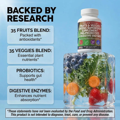 Clean Nutraceuticals Fruits and Veggies Supplement Reds & Green Superfood - Balance of Over 70 Fruit & Vegetable Supplements Capsules with Probiotics Prebiotics Digestive Enzymes - 120 Ct USA - dailyvitalstore