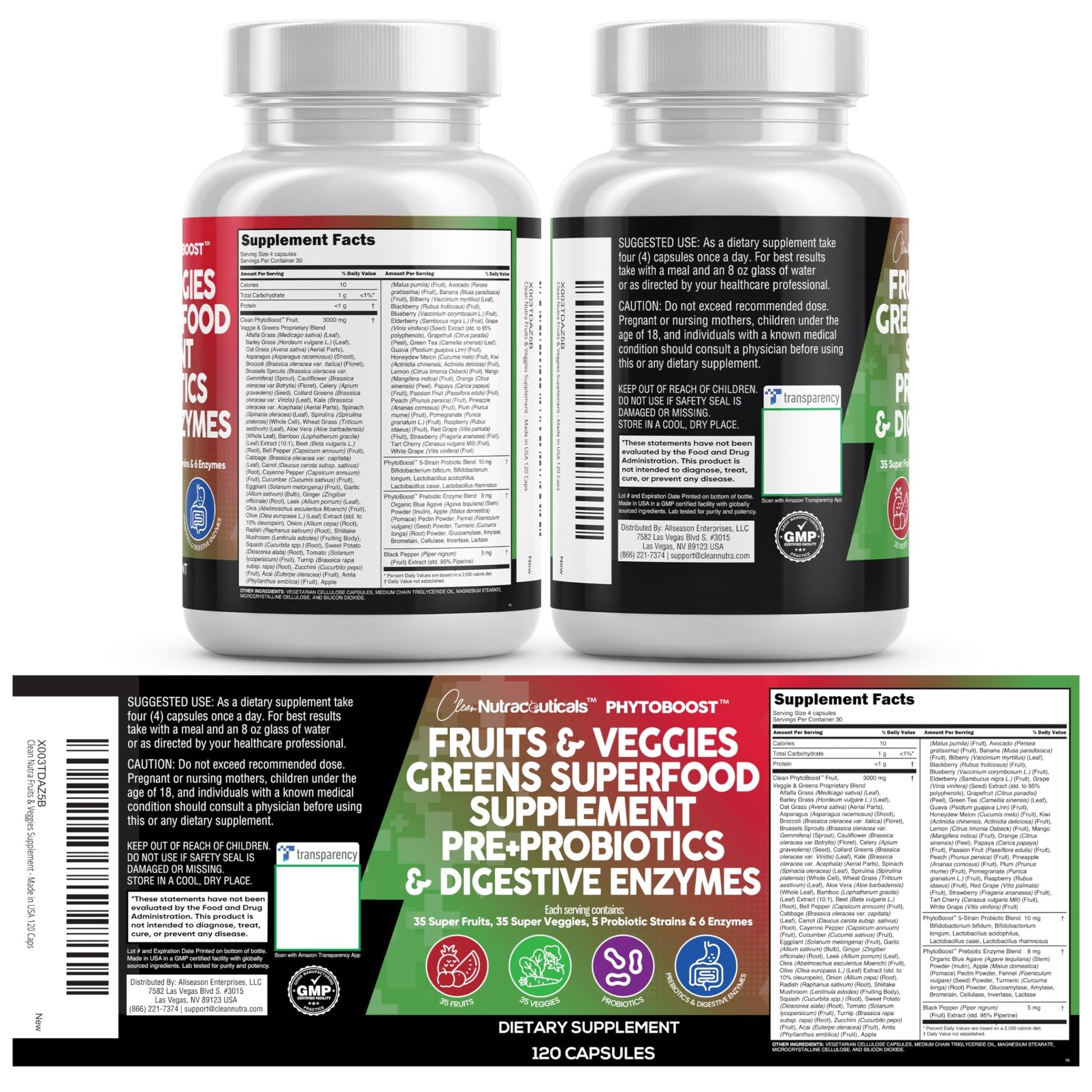 Clean Nutraceuticals Fruits and Veggies Supplement Reds & Green Superfood - Balance of Over 70 Fruit & Vegetable Supplements Capsules with Probiotics Prebiotics Digestive Enzymes - 120 Ct USA - dailyvitalstore