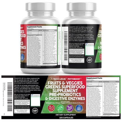 Clean Nutraceuticals Fruits and Veggies Supplement Reds & Green Superfood - Balance of Over 70 Fruit & Vegetable Supplements Capsules with Probiotics Prebiotics Digestive Enzymes - 120 Ct USA - dailyvitalstore