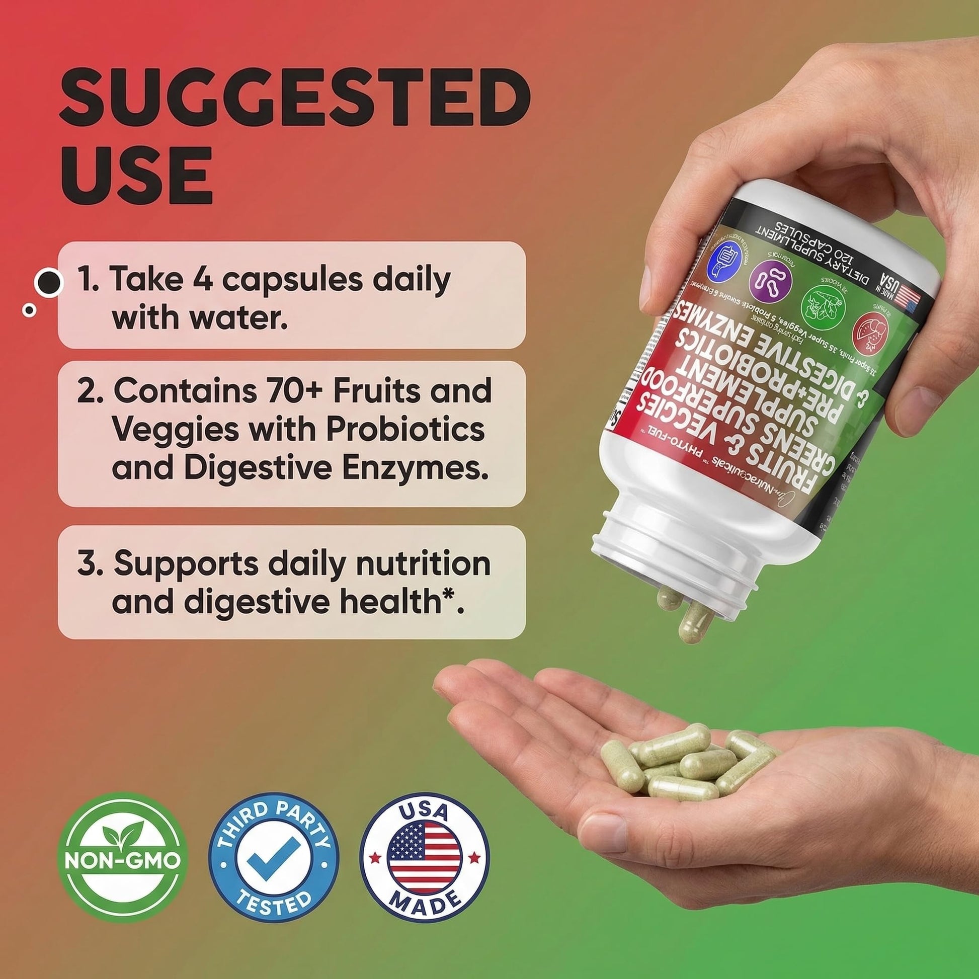 Clean Nutraceuticals Fruits and Veggies Supplement Reds & Green Superfood - Balance of Over 70 Fruit & Vegetable Supplements Capsules with Probiotics Prebiotics Digestive Enzymes - 120 Ct USA - dailyvitalstore