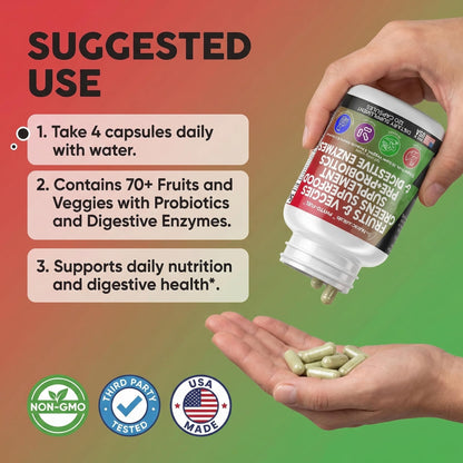 Clean Nutraceuticals Fruits and Veggies Supplement Reds & Green Superfood - Balance of Over 70 Fruit & Vegetable Supplements Capsules with Probiotics Prebiotics Digestive Enzymes - 120 Ct USA - dailyvitalstore