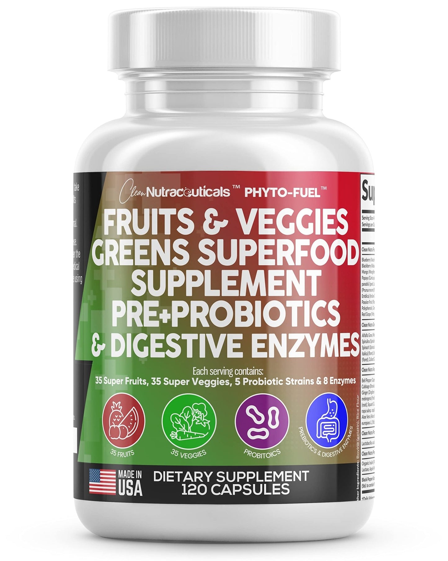Clean Nutraceuticals Fruits and Veggies Supplement Reds & Green Superfood - Balance of Over 70 Fruit & Vegetable Supplements Capsules with Probiotics Prebiotics Digestive Enzymes - 120 Ct USA - dailyvitalstore