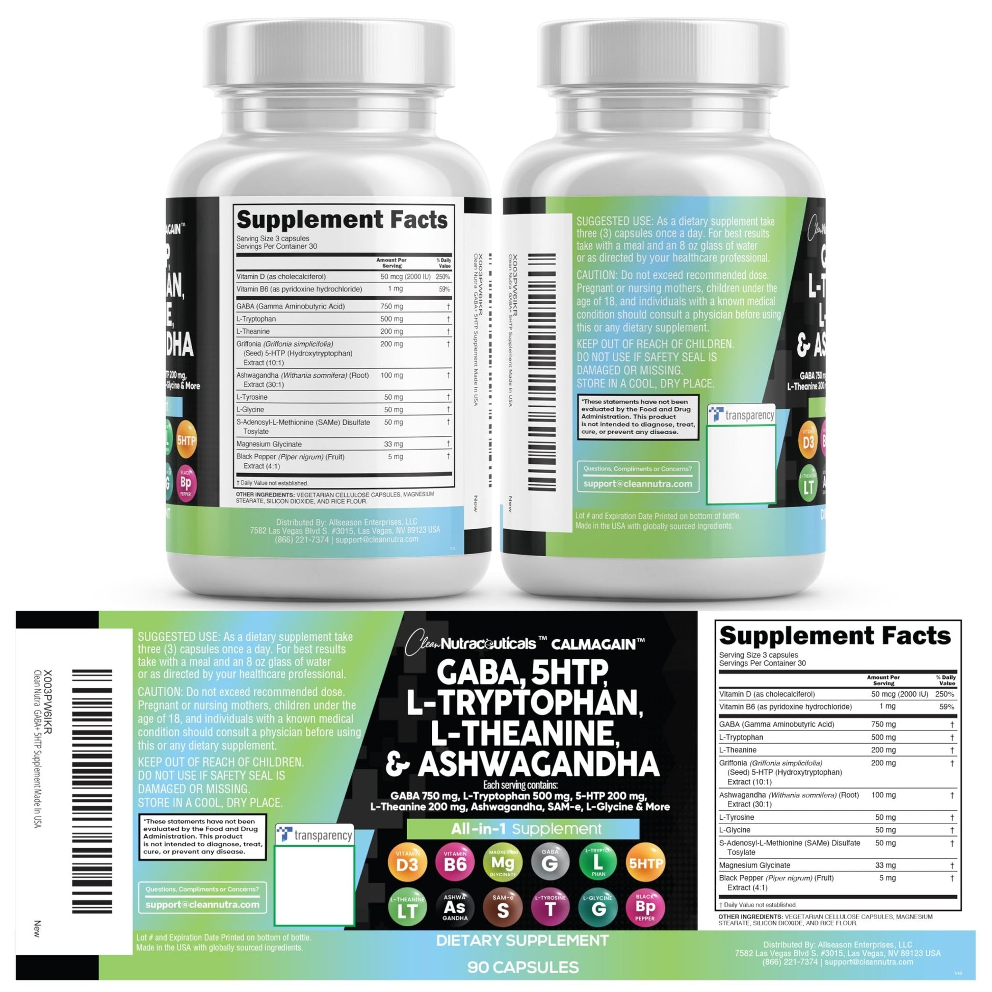 Clean Nutraceuticals GABA 750mg 5 HTP 200mg L Tryptophan 500mg L Theanine 200mg Ashwagandha SAM-e L-Glycine - Mood Support Vitamins for Women and Men with L-Tyrosine 5-HTP (5-Hydroxytryptophan) - dailyvitalstore