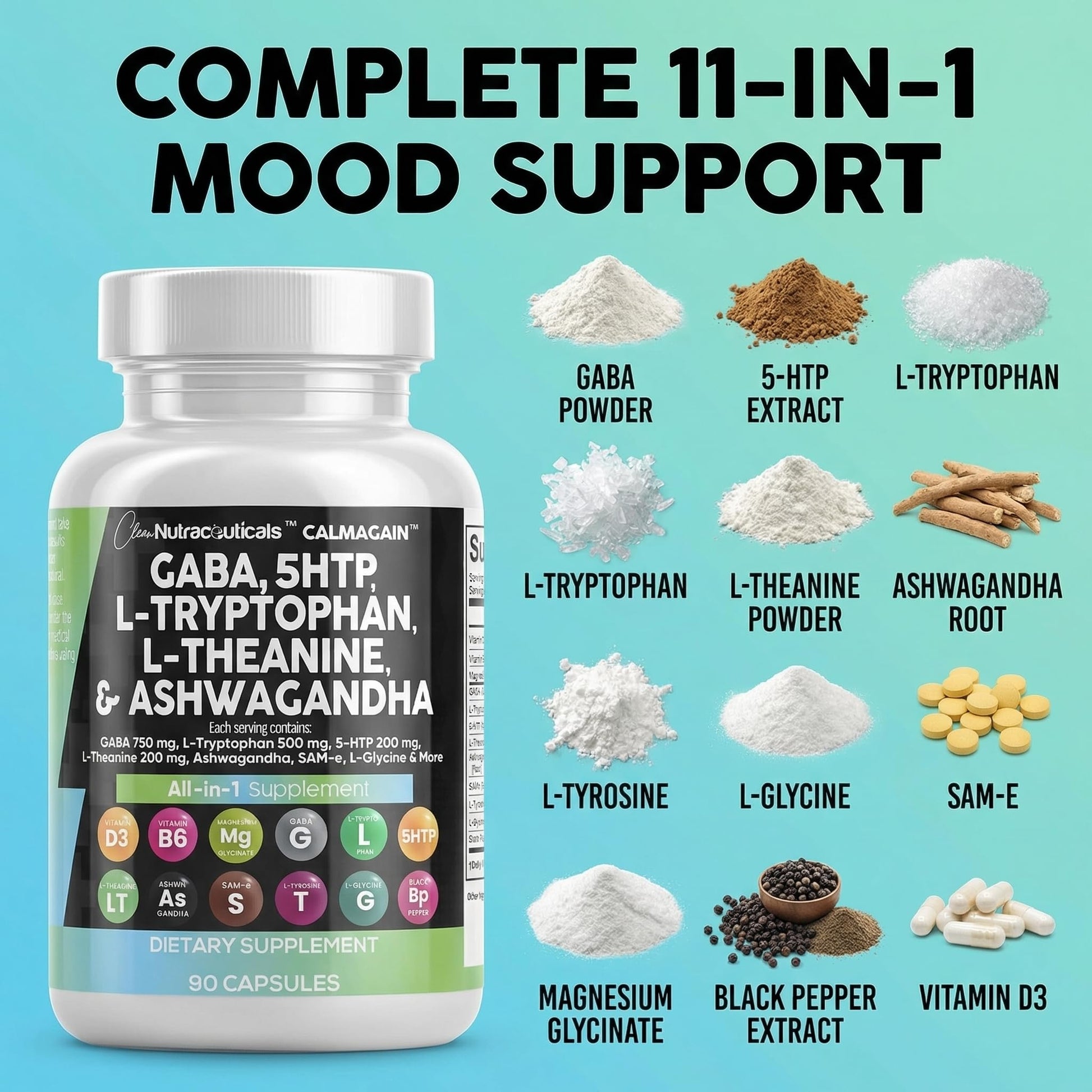 Clean Nutraceuticals GABA 750mg 5 HTP 200mg L Tryptophan 500mg L Theanine 200mg Ashwagandha SAM-e L-Glycine - Mood Support Vitamins for Women and Men with L-Tyrosine 5-HTP (5-Hydroxytryptophan) - dailyvitalstore