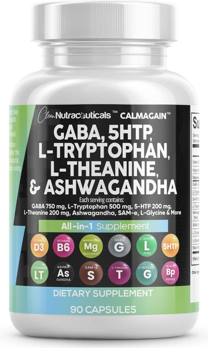 Clean Nutraceuticals GABA 750mg 5 HTP 200mg L Tryptophan 500mg L Theanine 200mg Ashwagandha SAM-e L-Glycine - Mood Support Vitamins for Women and Men with L-Tyrosine 5-HTP (5-Hydroxytryptophan) - dailyvitalstore