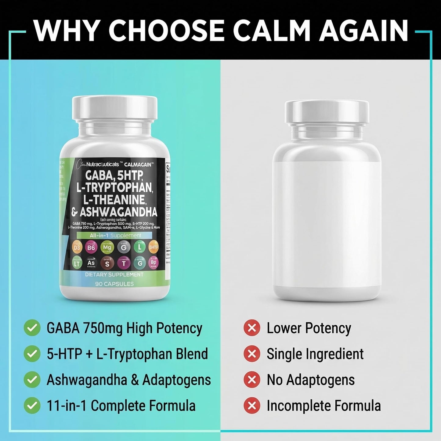 Clean Nutraceuticals GABA 750mg 5 HTP 200mg L Tryptophan 500mg L Theanine 200mg Ashwagandha SAM-e L-Glycine - Mood Support Vitamins for Women and Men with L-Tyrosine 5-HTP (5-Hydroxytryptophan) - dailyvitalstore
