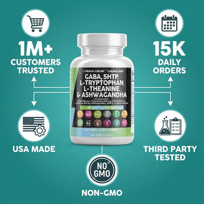Clean Nutraceuticals GABA 750mg 5 HTP 200mg L Tryptophan 500mg L Theanine 200mg Ashwagandha SAM-e L-Glycine - Mood Support Vitamins for Women and Men with L-Tyrosine 5-HTP (5-Hydroxytryptophan) - dailyvitalstore