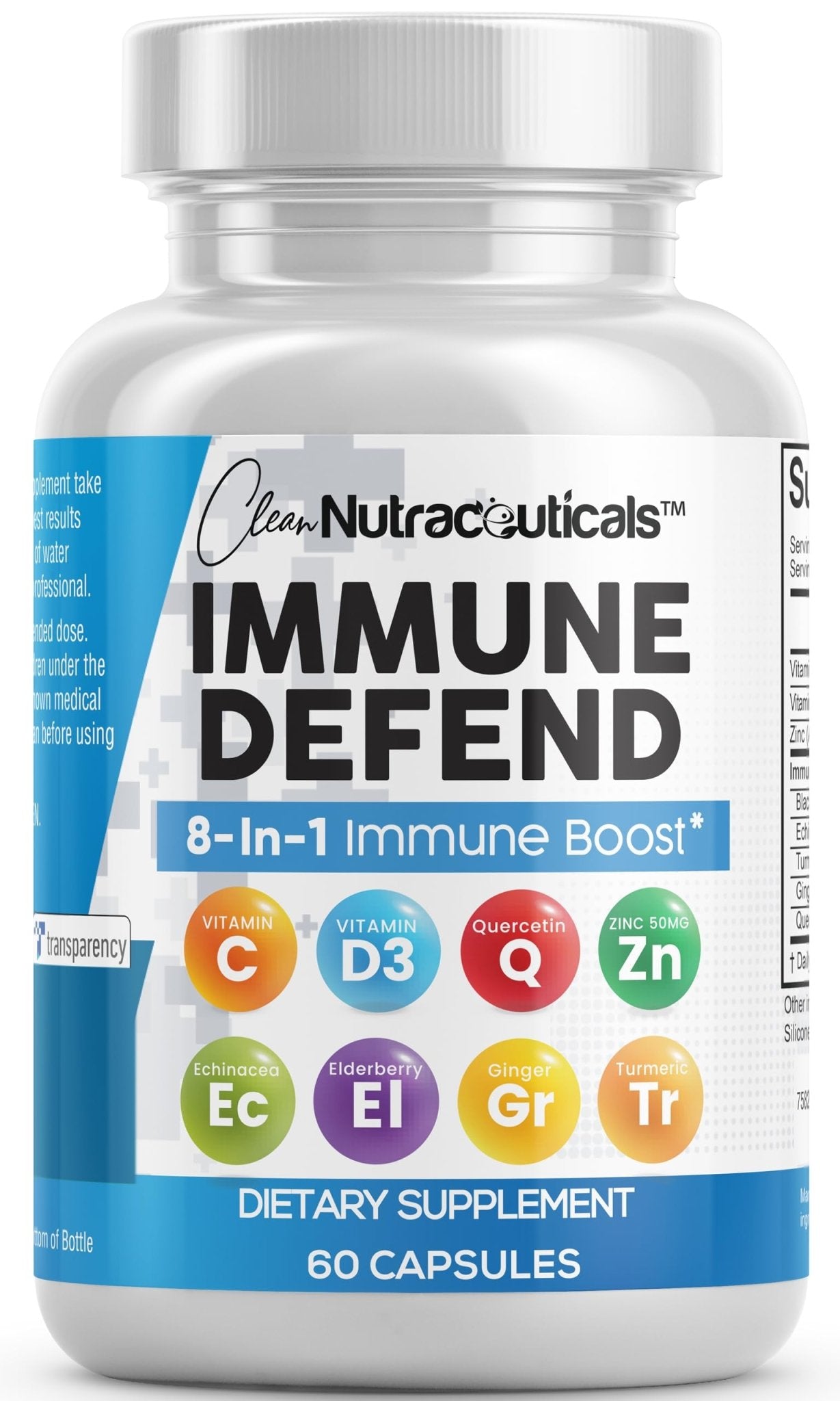 Clean Nutraceuticals Immune Defense Support Supplement 8 in 1 with Zinc 50mg Quercetin, VIT C 1000mg, Vitamin D3 5000 IU, Elderberry, Ginger - Immunity System Booster for Adults, Vegan - 60 Count - dailyvitalstore