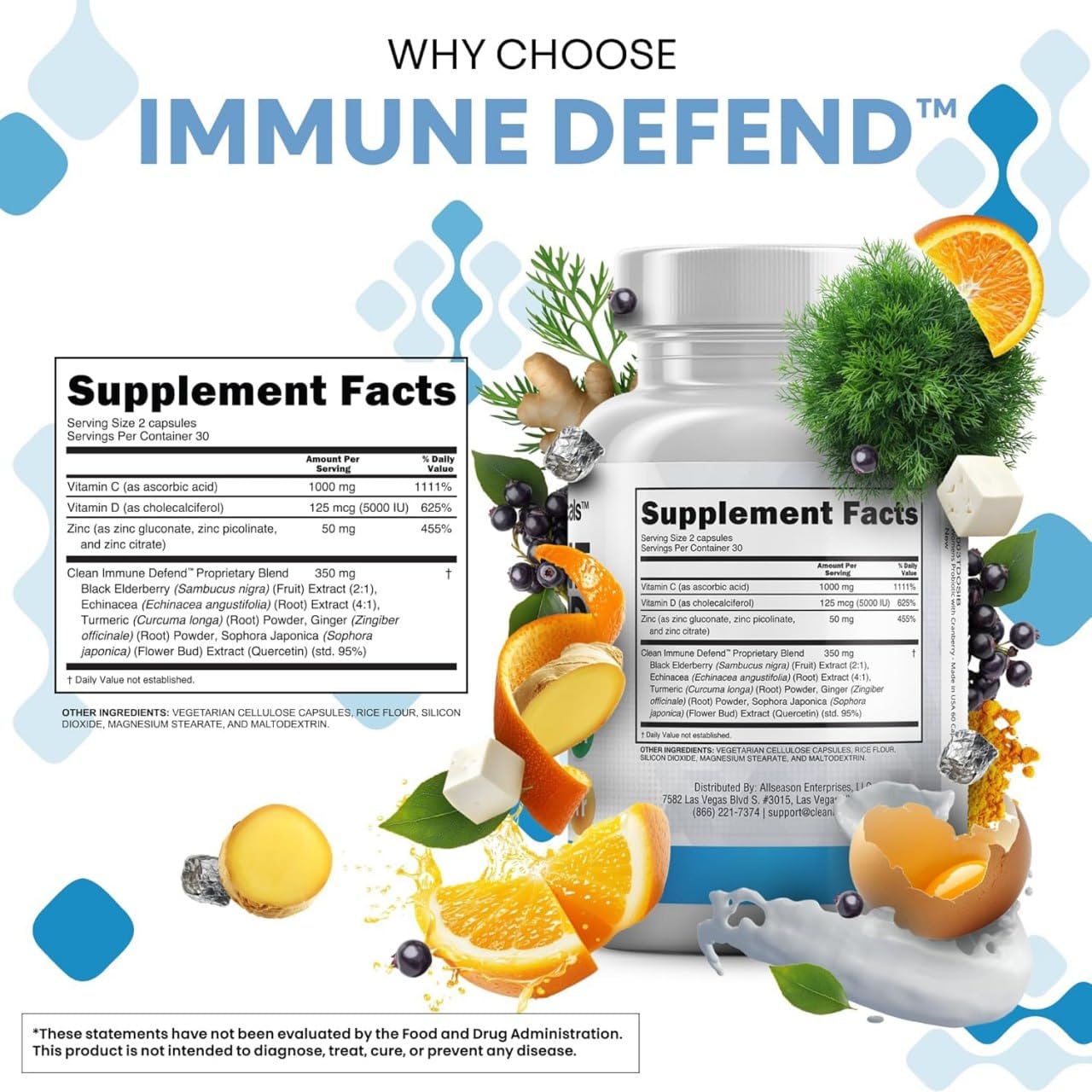 Clean Nutraceuticals Immune Defense Support Supplement 8 in 1 with Zinc 50mg Quercetin, VIT C 1000mg, Vitamin D3 5000 IU, Elderberry, Ginger - Immunity System Booster for Adults, Vegan - 60 Count - dailyvitalstore
