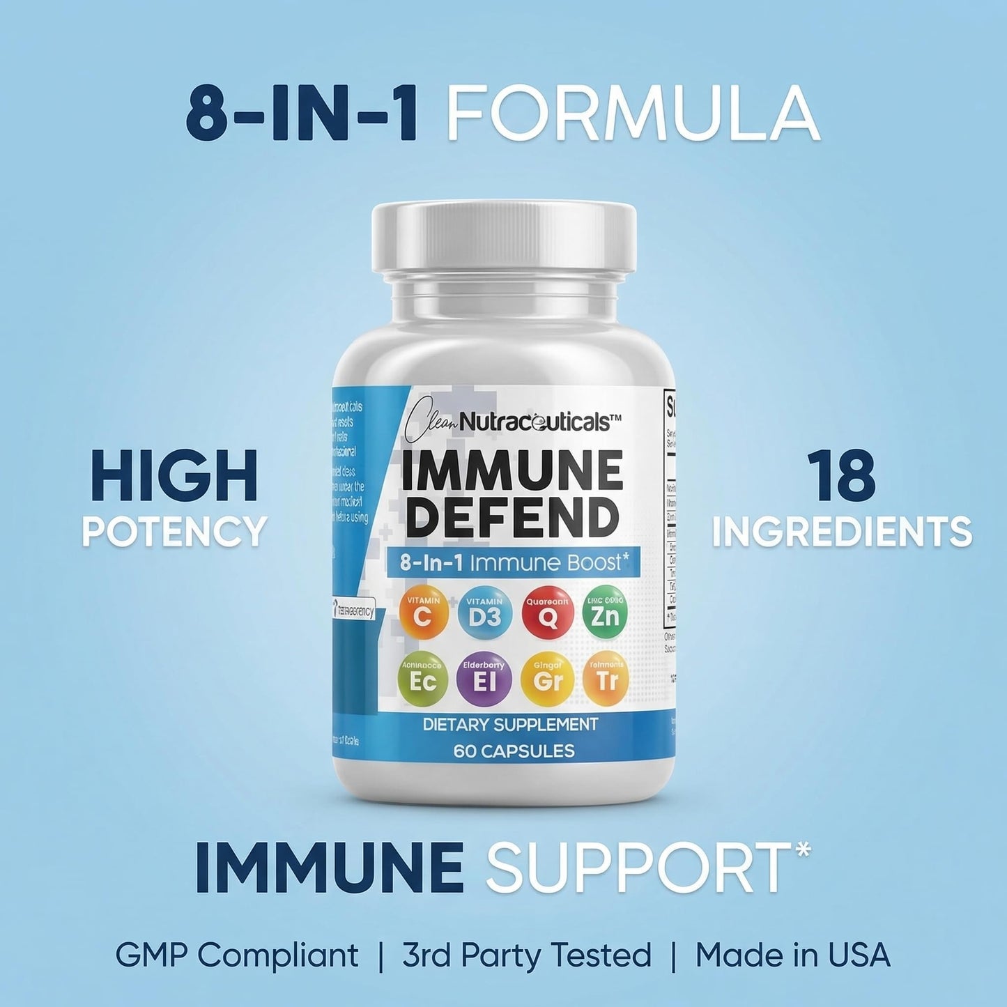 Clean Nutraceuticals Immune Defense Support Supplement 8 in 1 with Zinc 50mg Quercetin, VIT C 1000mg, Vitamin D3 5000 IU, Elderberry, Ginger - Immunity System Booster for Adults, Vegan - 60 Count - dailyvitalstore
