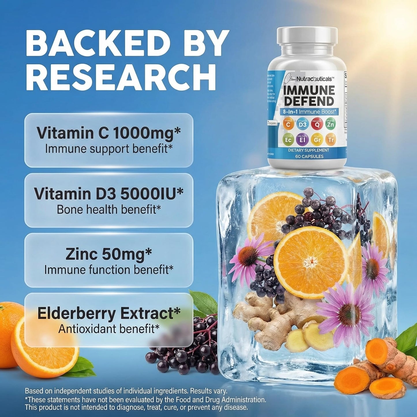 Clean Nutraceuticals Immune Defense Support Supplement 8 in 1 with Zinc 50mg Quercetin, VIT C 1000mg, Vitamin D3 5000 IU, Elderberry, Ginger - Immunity System Booster for Adults, Vegan - 60 Count - dailyvitalstore