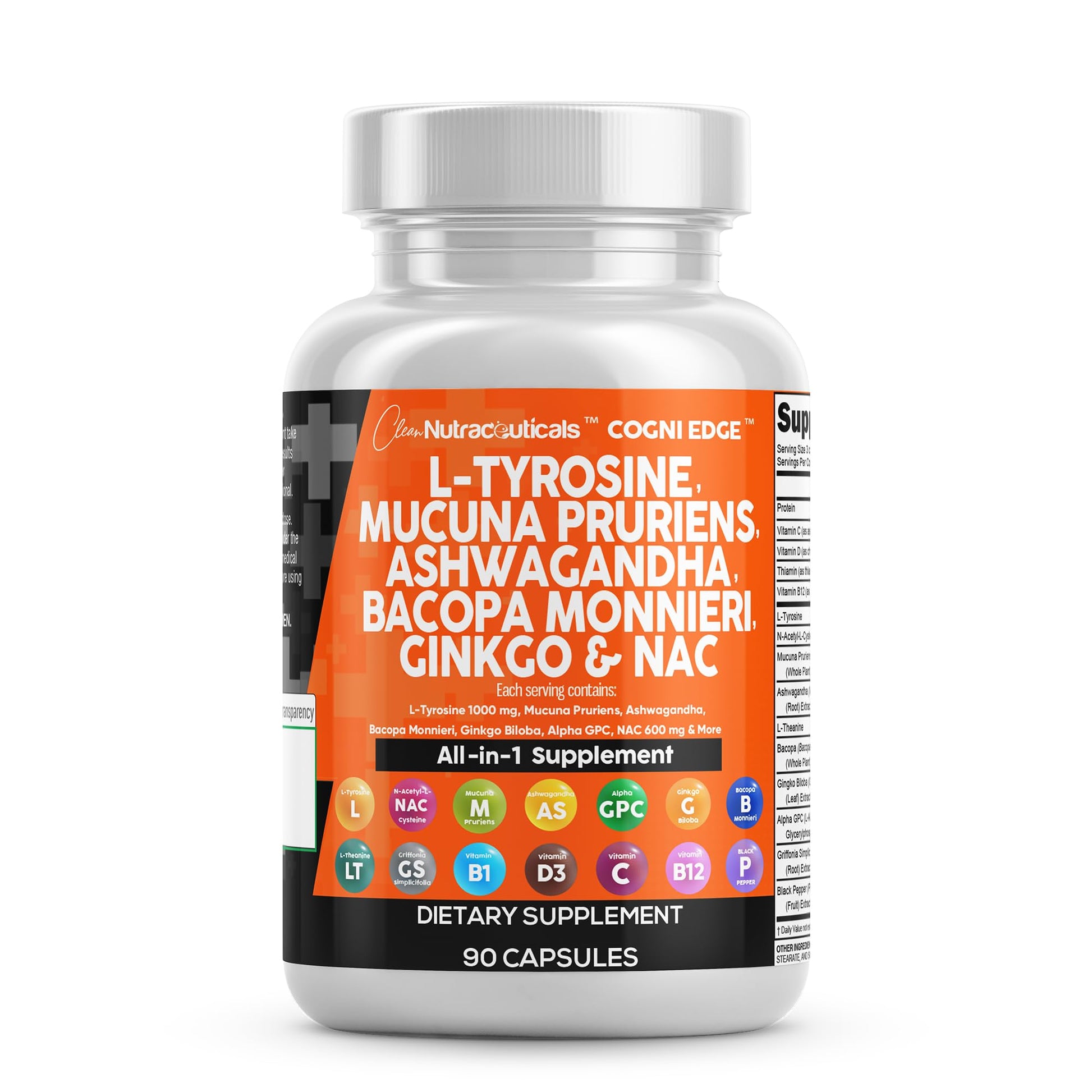 Clean Nutraceuticals L Tyrosine Mucuna Pruriens Bacopa Monnieri Ashwagandha Focus Supplement w/N-Acetyl Cysteine NAC 5-HTP Ginkgo Biloba Alpha GPC Vitamin C D B1 B12 - dailyvitalstore