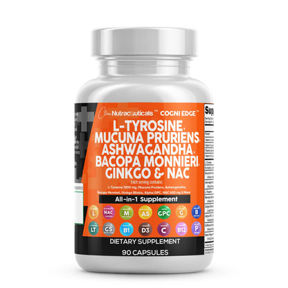 Clean Nutraceuticals L Tyrosine Mucuna Pruriens Bacopa Monnieri Ashwagandha Focus Supplement w/N-Acetyl Cysteine NAC 5-HTP Ginkgo Biloba Alpha GPC Vitamin C D B1 B12 - dailyvitalstore