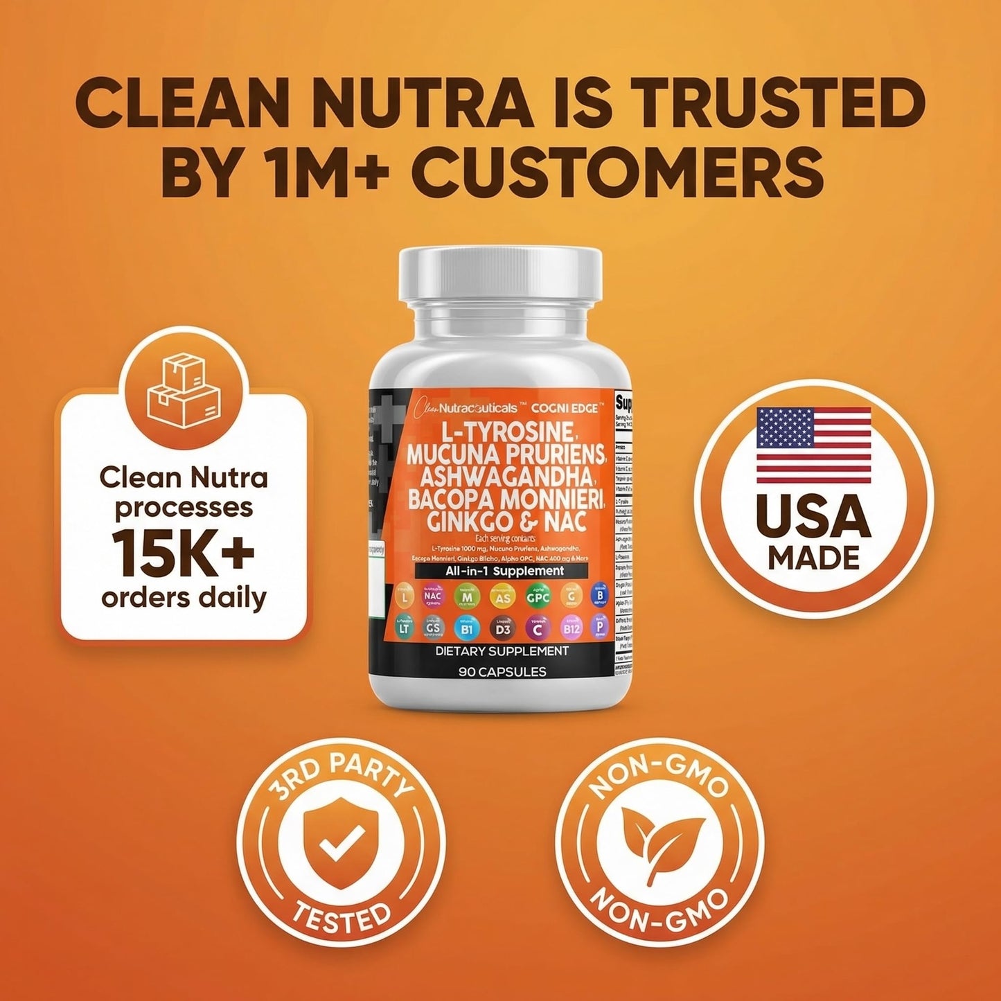 Clean Nutraceuticals L Tyrosine Mucuna Pruriens Bacopa Monnieri Ashwagandha Focus Supplement w/N-Acetyl Cysteine NAC 5-HTP Ginkgo Biloba Alpha GPC Vitamin C D B1 B12 - dailyvitalstore