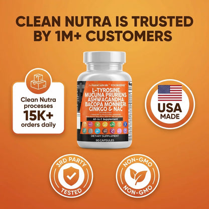 Clean Nutraceuticals L Tyrosine Mucuna Pruriens Bacopa Monnieri Ashwagandha Focus Supplement w/N-Acetyl Cysteine NAC 5-HTP Ginkgo Biloba Alpha GPC Vitamin C D B1 B12 - dailyvitalstore