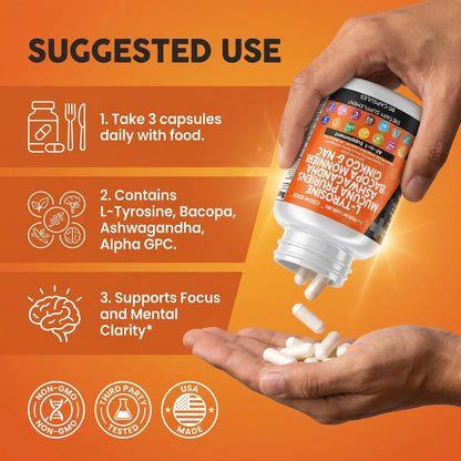 Clean Nutraceuticals L Tyrosine Mucuna Pruriens Bacopa Monnieri Ashwagandha Focus Supplement w/N-Acetyl Cysteine NAC 5-HTP Ginkgo Biloba Alpha GPC Vitamin C D B1 B12 - dailyvitalstore