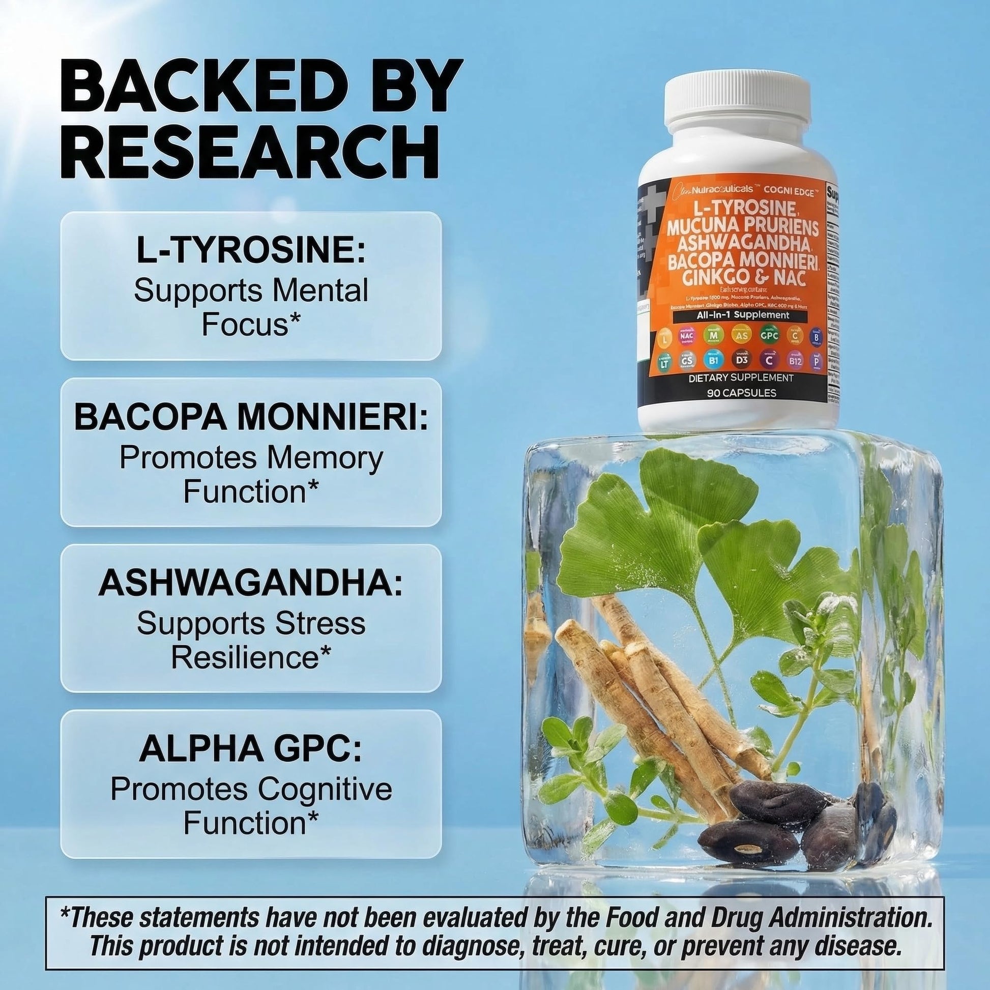 Clean Nutraceuticals L Tyrosine Mucuna Pruriens Bacopa Monnieri Ashwagandha Focus Supplement w/N-Acetyl Cysteine NAC 5-HTP Ginkgo Biloba Alpha GPC Vitamin C D B1 B12 - dailyvitalstore