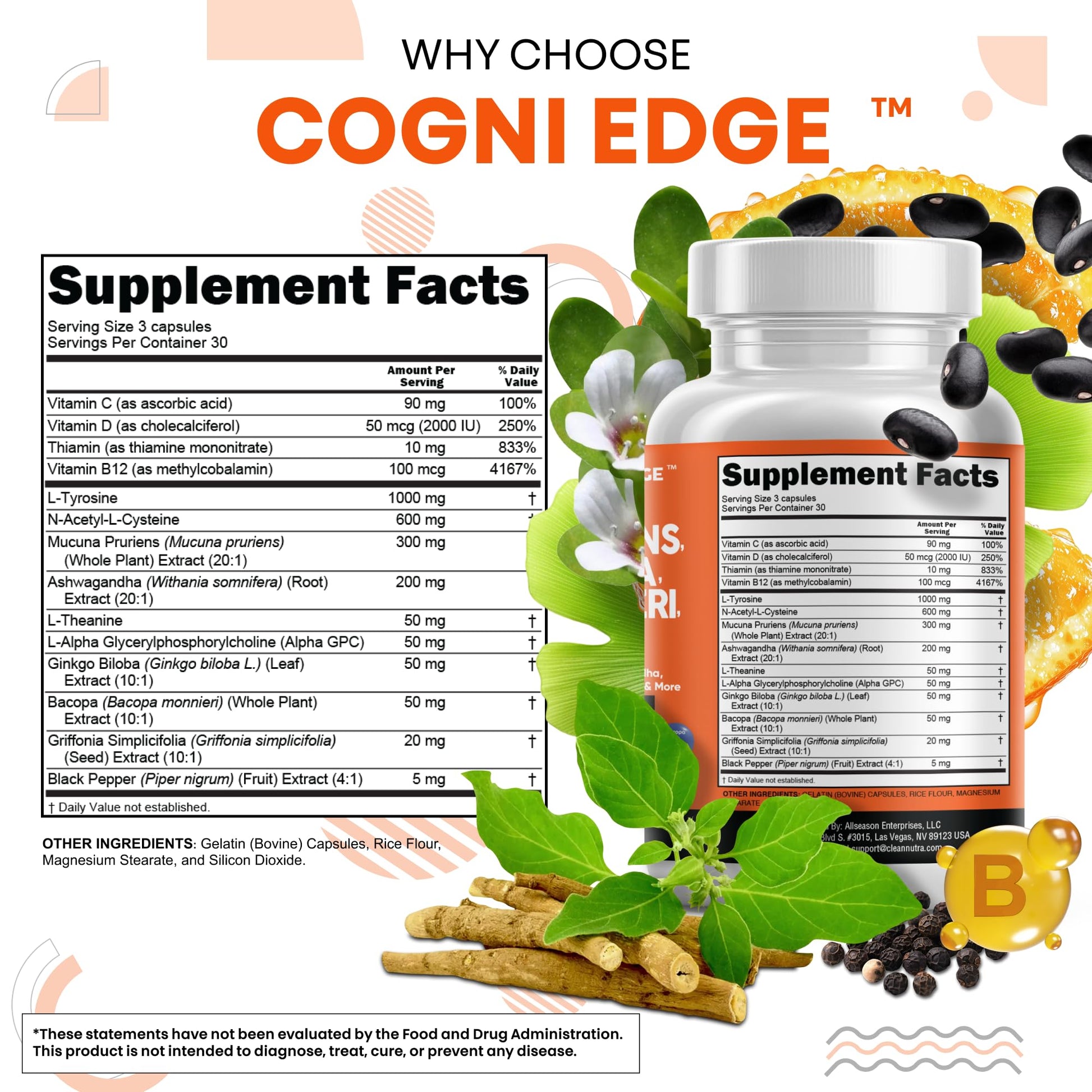 Clean Nutraceuticals L Tyrosine Mucuna Pruriens Bacopa Monnieri Ashwagandha Focus Supplement w/N-Acetyl Cysteine NAC 5-HTP Ginkgo Biloba Alpha GPC Vitamin C D B1 B12 - dailyvitalstore