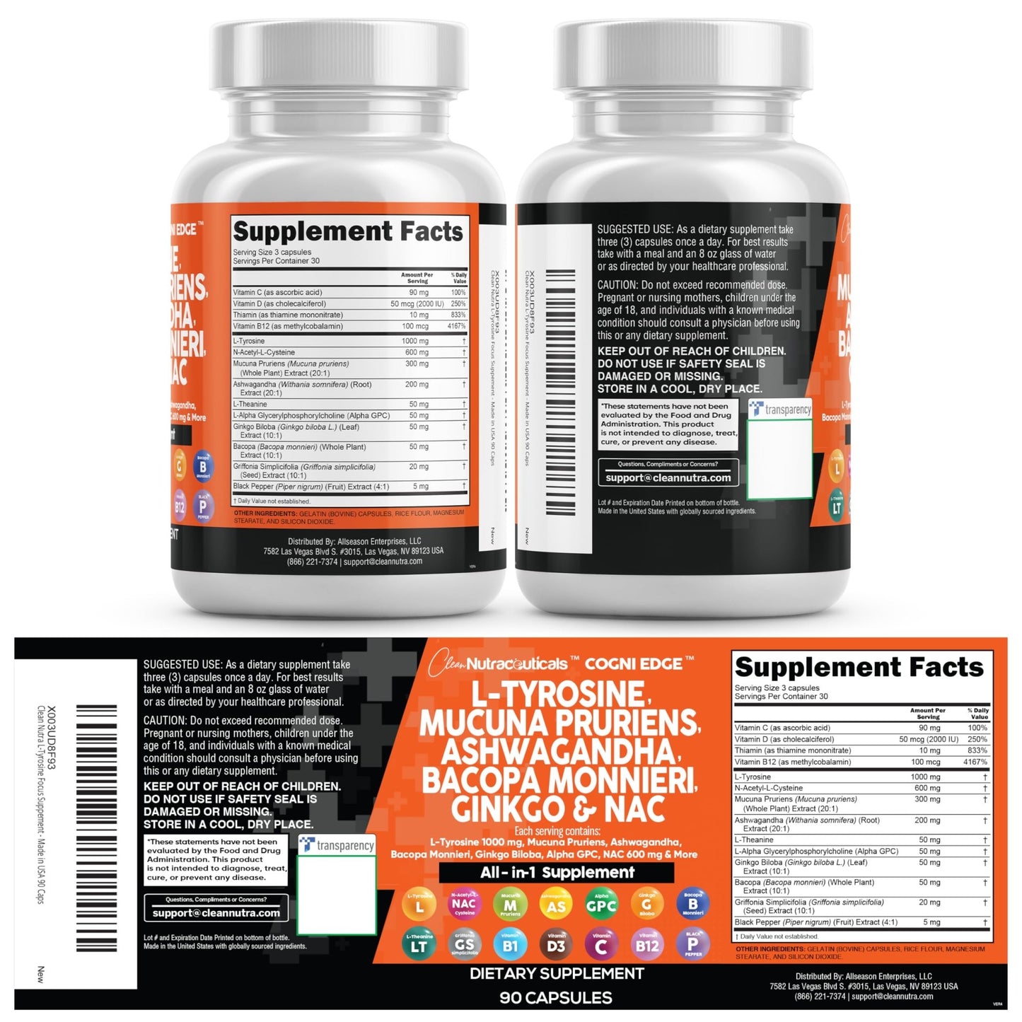 Clean Nutraceuticals L Tyrosine Mucuna Pruriens Bacopa Monnieri Ashwagandha Focus Supplement w/N-Acetyl Cysteine NAC 5-HTP Ginkgo Biloba Alpha GPC Vitamin C D B1 B12 - dailyvitalstore