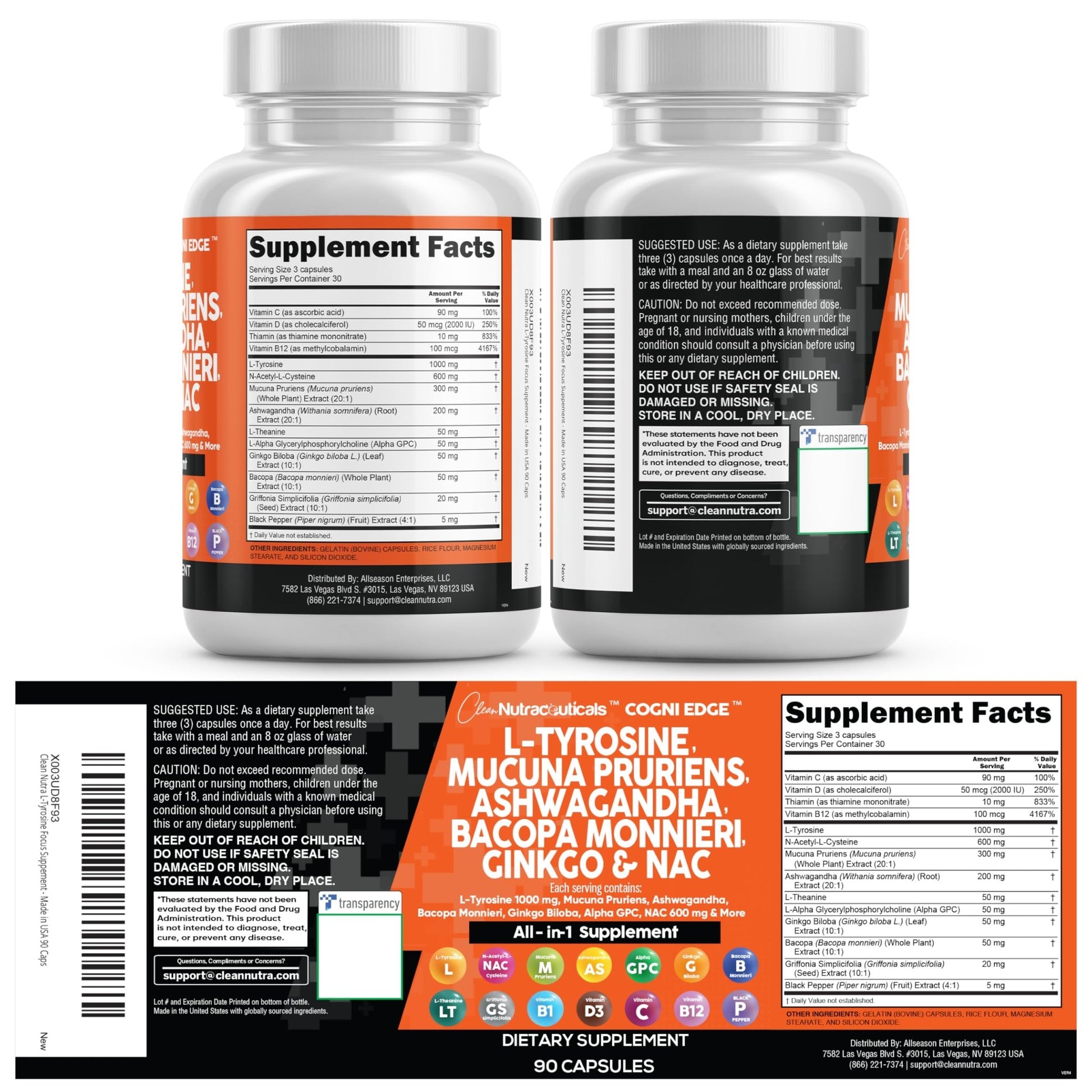 Clean Nutraceuticals L Tyrosine Mucuna Pruriens Bacopa Monnieri Ashwagandha Focus Supplement w/N-Acetyl Cysteine NAC 5-HTP Ginkgo Biloba Alpha GPC Vitamin C D B1 B12 - dailyvitalstore