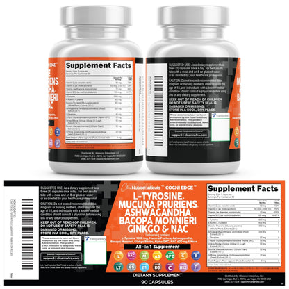 Clean Nutraceuticals L Tyrosine Mucuna Pruriens Bacopa Monnieri Ashwagandha Focus Supplement w/N-Acetyl Cysteine NAC 5-HTP Ginkgo Biloba Alpha GPC Vitamin C D B1 B12 - dailyvitalstore