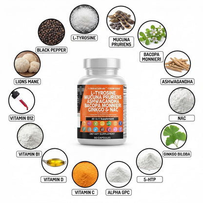 Clean Nutraceuticals L Tyrosine Mucuna Pruriens Bacopa Monnieri Ashwagandha Focus Supplement w/N-Acetyl Cysteine NAC 5-HTP Ginkgo Biloba Alpha GPC Vitamin C D B1 B12 - dailyvitalstore
