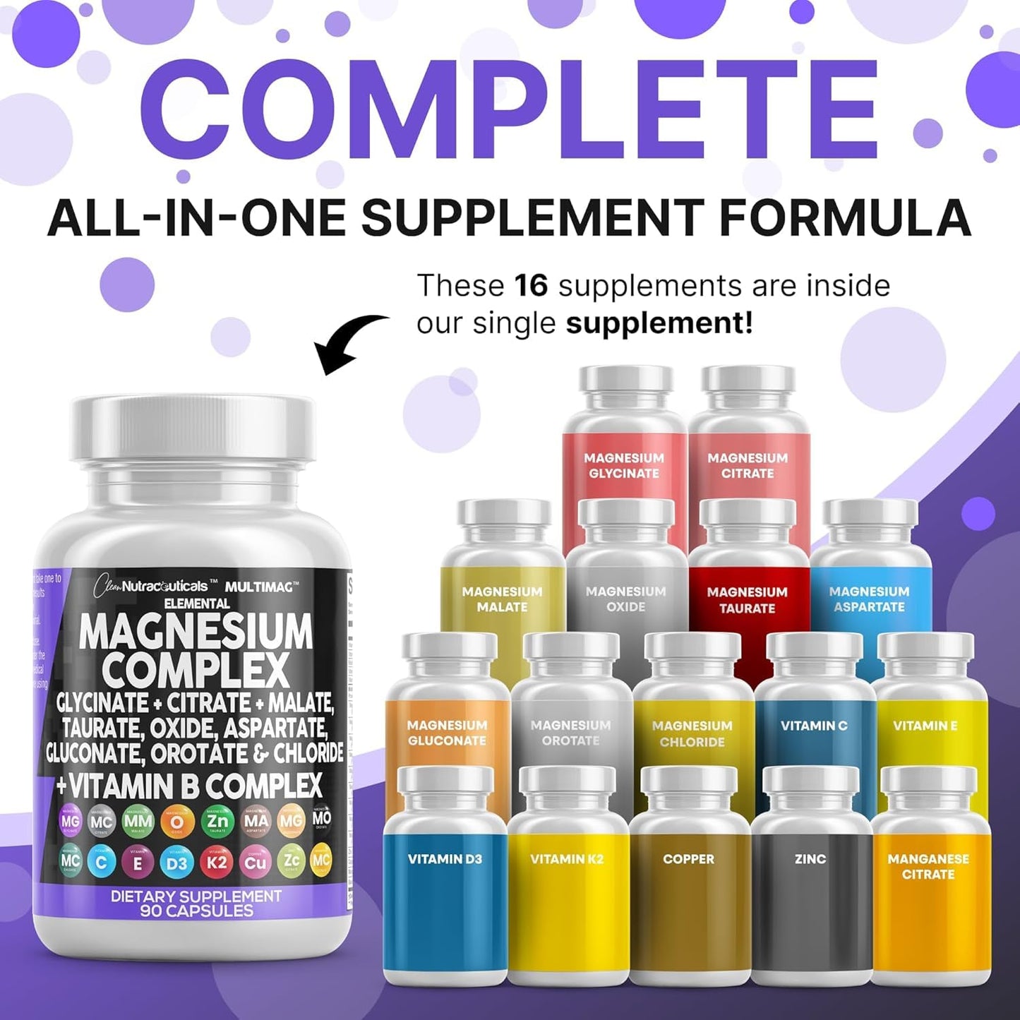 Clean Nutraceuticals Magnesium Complex with Magnesium Glycinate Citrate Malate Oxide Taurate Aspartate Orotate & Mag Chloride, Zinc Copper Manganese (90 Count (Pack of 2)) - dailyvitalstore